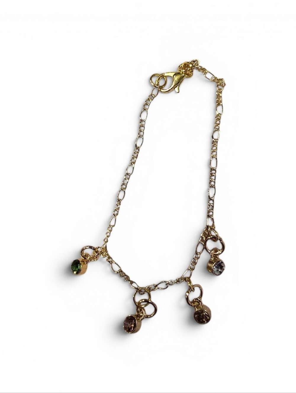 Gold-Tone Charm Bracelet with Green and Smoky Crystal Drops